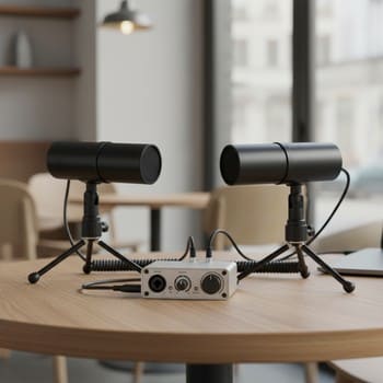 Комплект для подкаста: два микрофона, стойки и аудиоинтерфейс