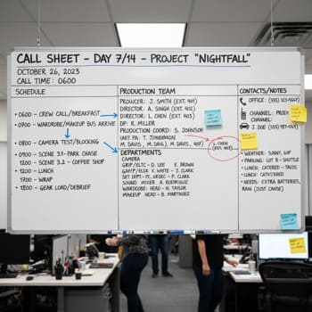 Call sheet — белая доска с таймингом дня