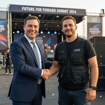 Клиент после форума — довольная команда у сцены