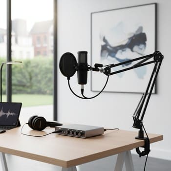Подкаст-комплект: стойка, поп-фильтр и аудиоинтерфейс на столе