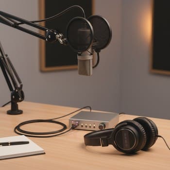 Сценарий подкаста: микрофон на стрелке, поп-фильтр и наушники