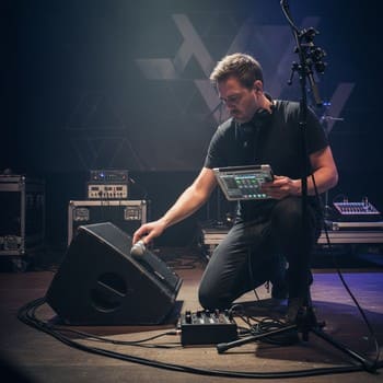 Саундчек на сцене с напольным монитором и микрофоном