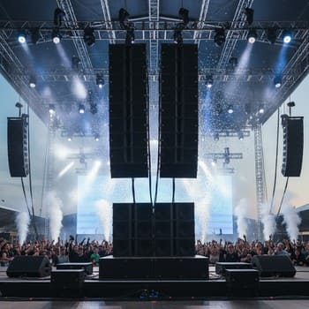 Башня акустических систем на сцене — мощный и чистый звук