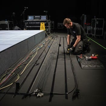 Сценический техник укладывает кабельные трассы
