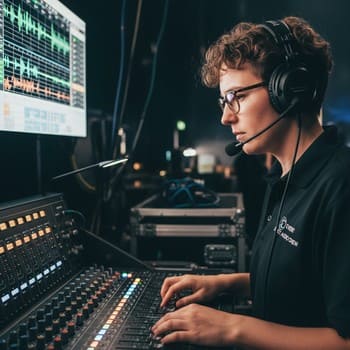 Техник поддержки со гарнитурой контролирует звук