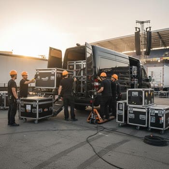 Техники грузят кейсы с оборудованием в фургон