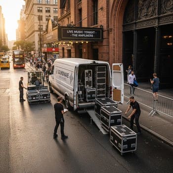 Доставка акустических систем на площадку — фургон у входа